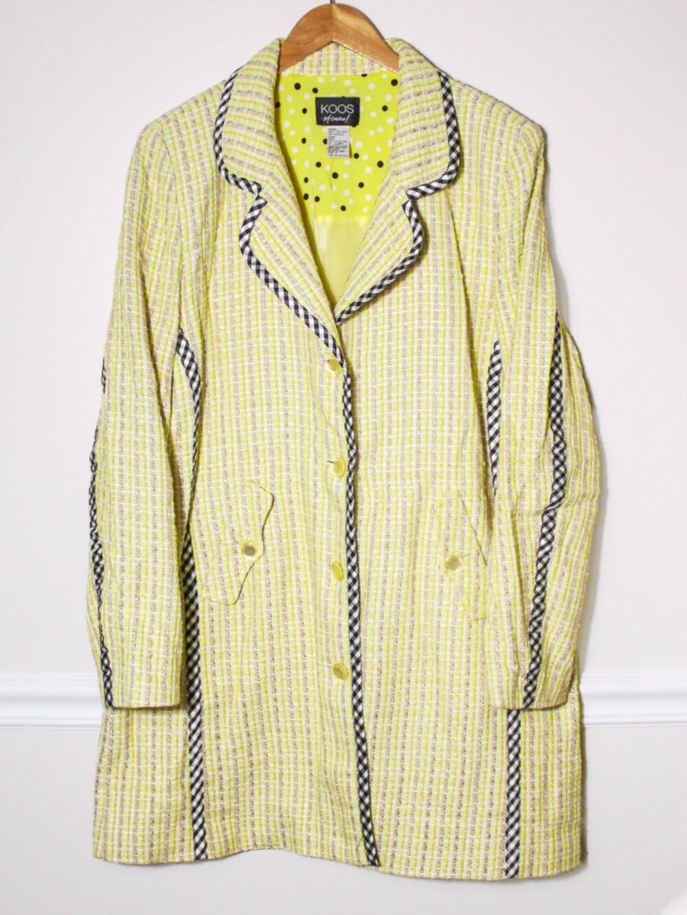Koos of Course Bouclé Tweed Mixed Media Long Coat Art To Wear Yellow 90s Y2K XL